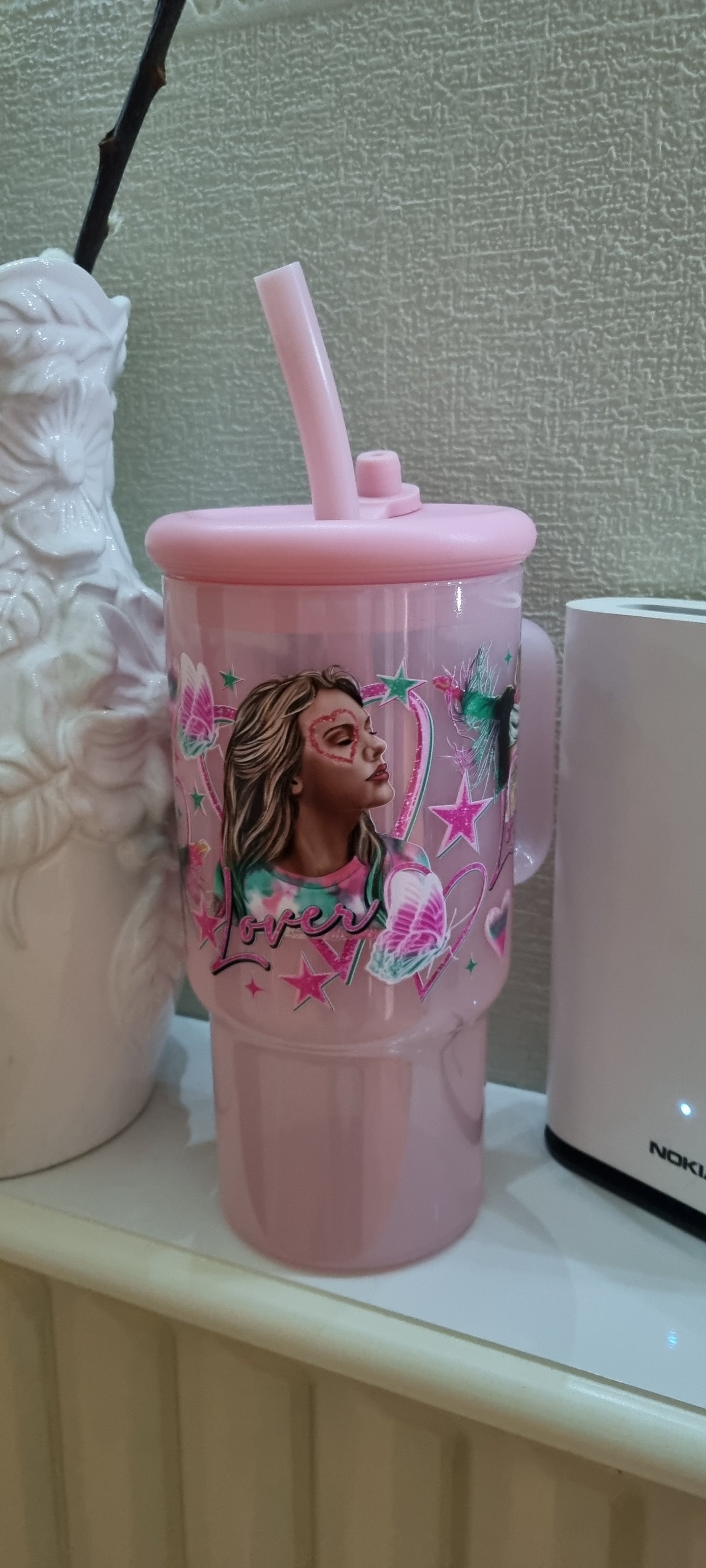 Pink cup with handle