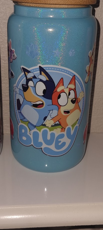 Bluey drinks glass, bamboo lid and straw