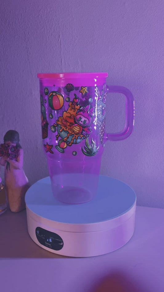 20 oz Pink Glass jelly tumbler/mug with handle and Labubu decal